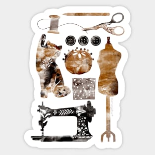 Sewing Supplies with Cat Watercolor Folk Art Sticker